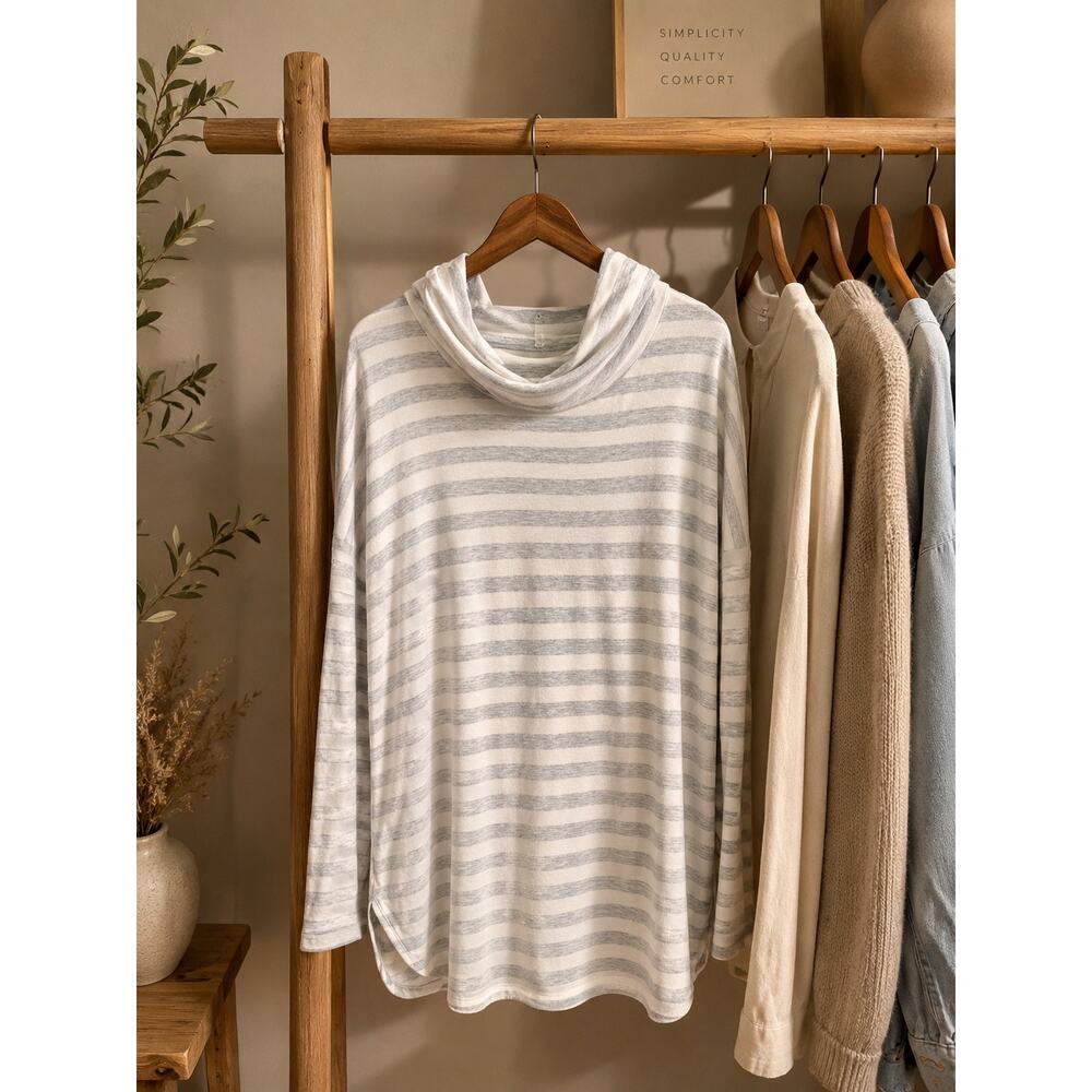 Lou & Grey Soft Striped Cowl Neck Tunic Top Approx XL Gray White Cozy Minimalist